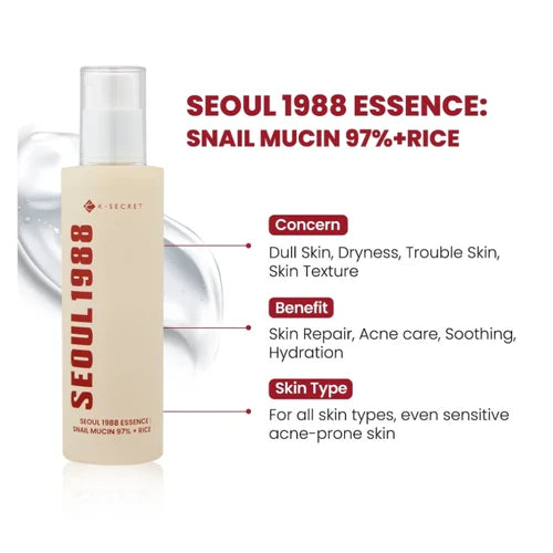 K-SECRET SEOUL 1988 Essence Snail Mucin 97% + Rice – 100 ml
