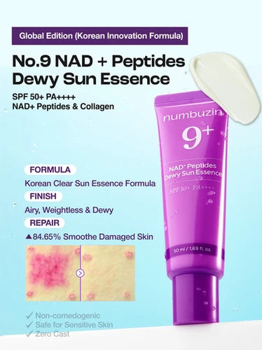 numbuzin No.9 NAD+ 9 Peptides Dewy Sun Essence SPF 50+ – Protection Solaire Anti-Âge 50 ml