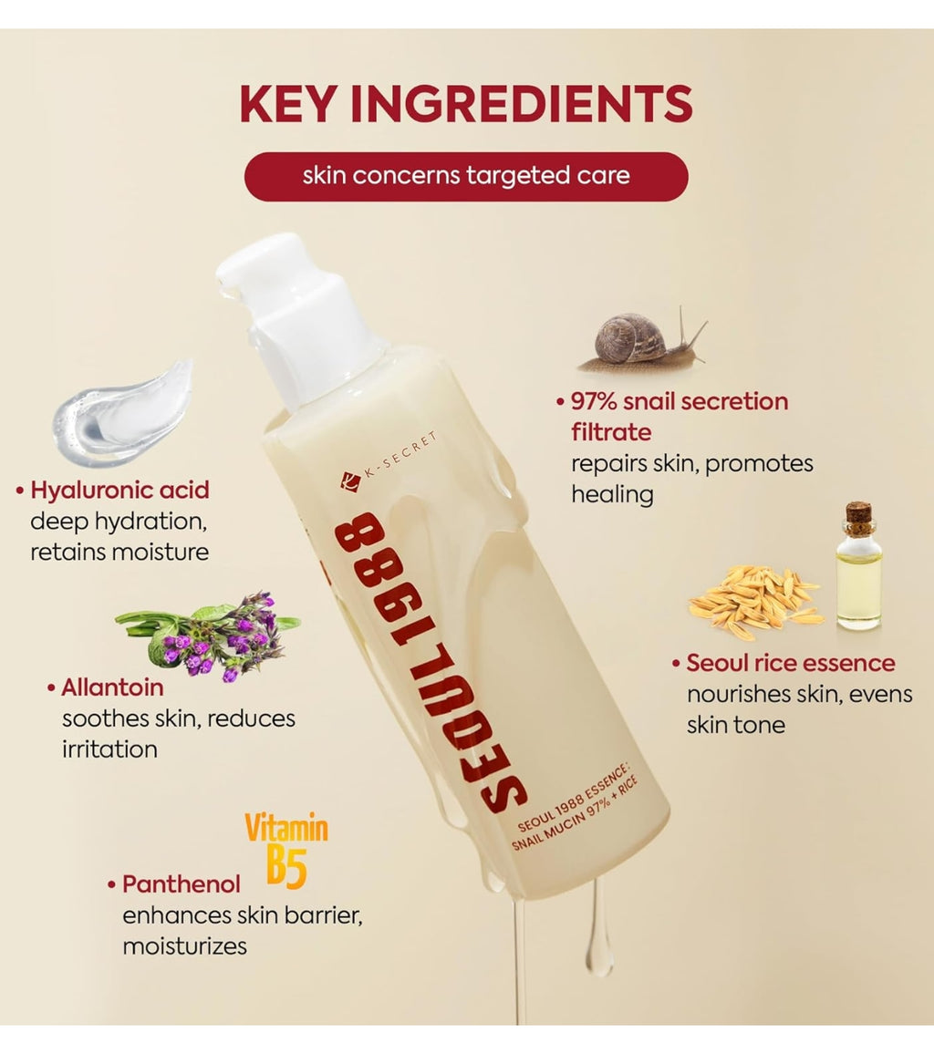 K-SECRET SEOUL 1988 Essence Snail Mucin 97% + Rice – 100 ml